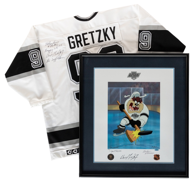 Wayne Gretzky Signed 1994 Looney Tunes Limited-Edition LA Kings "Slapshot" Lithoserigraphs (2 - Both UDA Authenticated) Plus Gretzky Signed LA Kings Jersey with JSA Auction LOA