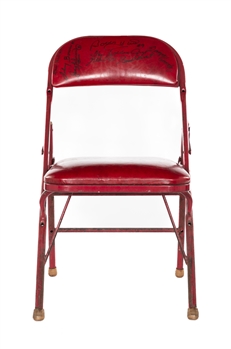 Multi-Signed Original Chicago Stadium Single Red Folding Chair/Seat with JSA Auction LOA Including Howe, Beliveau, Hull and the Rocket