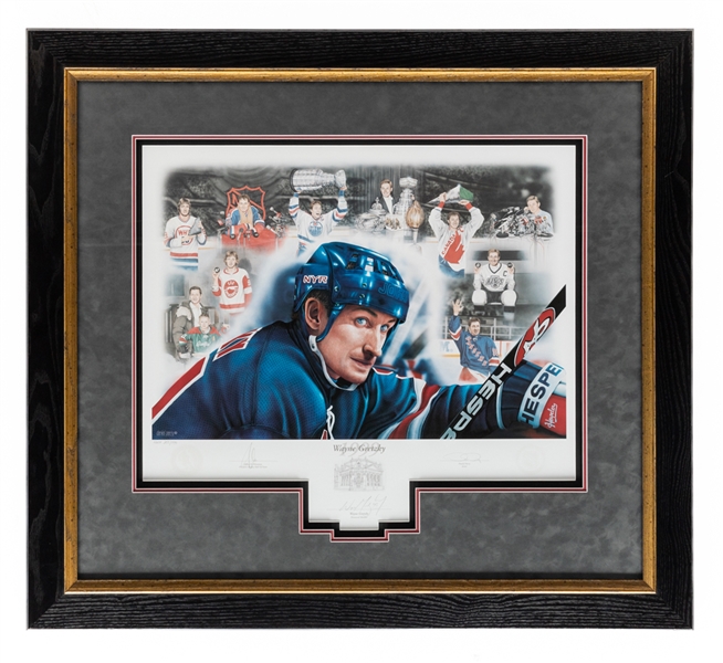 Wayne Gretzky Signed 1999 Hockey Hall of Fame Induction Limited-Edition Framed Lithograph #207/999 by Daniel Parry with LOA (” x ”) Plus Gretzky Signed NY Rangers Jersey with JSA Auction LOA