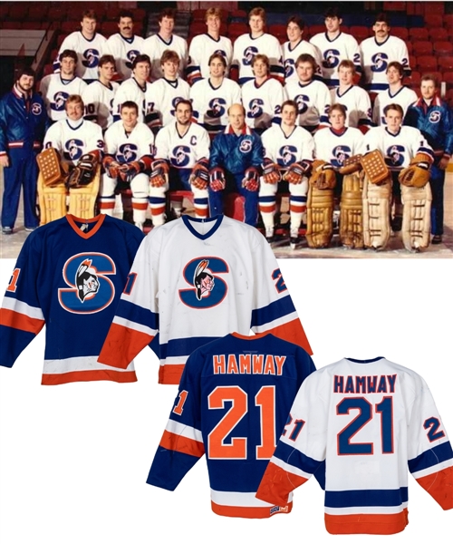 Mark Hamways 1984-85 (White) and 1986-87 (Blue) AHL Springfield Indians Game-Worn Jersey Collection of 2 - Heavy Game Wear and Team Repairs!