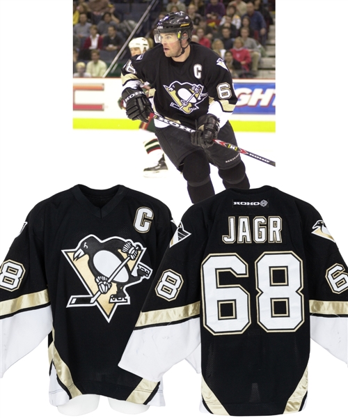 Jaromir Jagrs 2000-01 Pittsburgh Penguins "Skating Penguin" Game-Worn Captains Third Jersey with Team and MeiGray LOAs - Final Penguins Jersey! - Multiple LOAs! - Photo and Video-Matched!