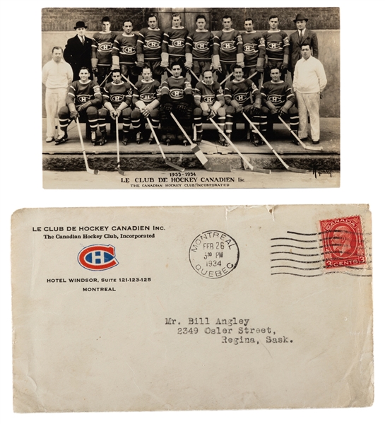 Montreal Canadiens 1933-34 Real Team Photo Postcard and Original Canadiens Mailing Envelope - Morenz! Joliat! Lalonde!