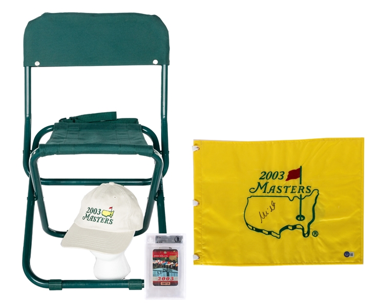 2003 Masters Tournament Winner Mike Weir Signed Masters Flag (Beckett Authenticated) & Signed Masters Badge (Beckett Authenticated) Plus 2003 Masters Chair and Cap