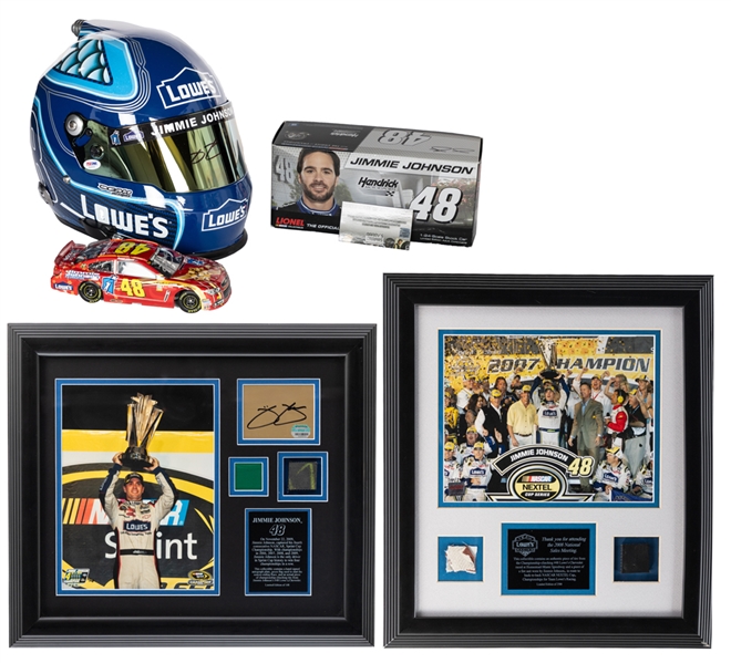 Jimmie Johnson Signed 2016 Nascar Lowes Chevrolet Full-Size Replica Helmet (PSA/DNA), 2009 Sprint Cup Championship LE Signed Framed Display #71/148 and 2013 Johnson/Knaus Dual-Signed Die-Cast