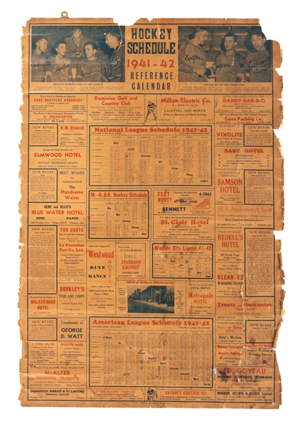 Rare 1941-42 NHL Schedule Calendar (23" x 33")