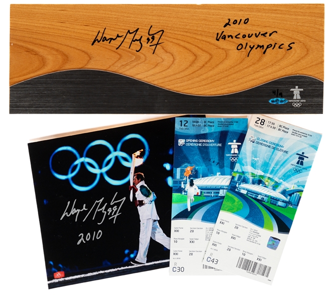 Wayne Gretzky Signed Vancouver 2010 Winter Olympics Limited-Edition Replica Relay Torch Box Set by Birks #4/9 with COA Plus Gretzky Signed Torch Relay Photo and Opening/Closing Ceremony Tickets