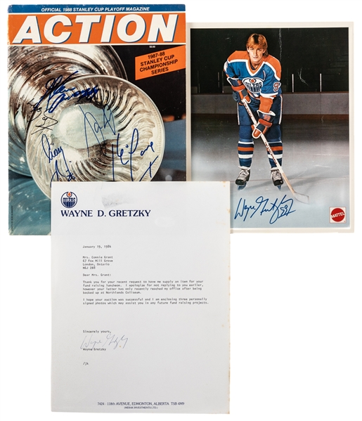 Wayne Gretzky Signed 1984 Typed Note on Oilers Letterhead, Signed Mattel Promo Photo and 1987-88 Stanley Cup Finals Cup-Clinching Game 5 Multi-Signed Program with Gretzky - All JSA Certified