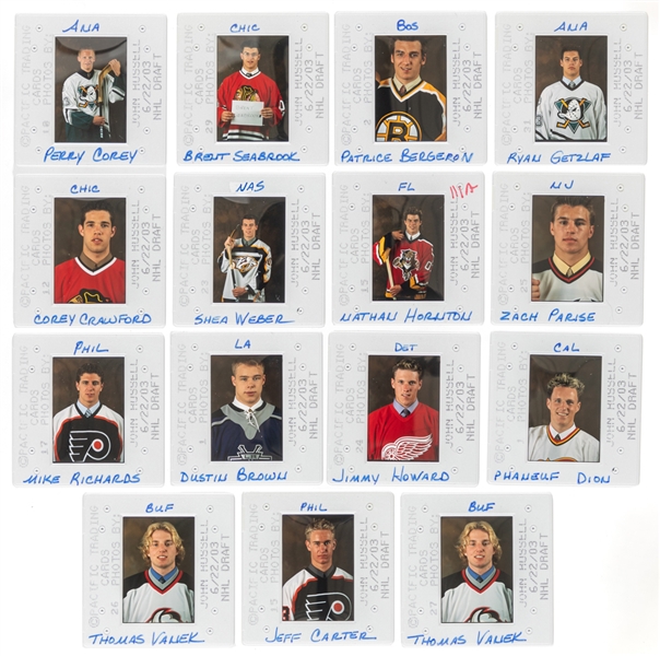 Pacific Trading Cards 2003 NHL Draft 35mm Colour Transparency Slides (129) Inc. Bergeron, Perry, Seabrook, Getzlaf, Weber, Crawford, Phaneuf, Vanek & Others