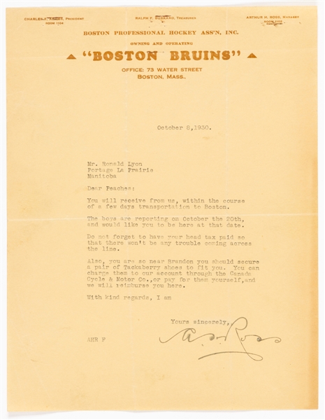 Deceased HOFer Art Ross Signed 1930 Boston Bruins Letter to Ronald "Peaches" Lyon