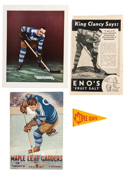 King Clancy 1930s Toronto Maple Leafs Enos Fruit Salt Promotional Picture, 1937 Maple Leafs Red Ball Gum Pennant and 1932-33 Maple Leaf Gardens Program with Maple Leafs O`Keefes Coasters Ads 