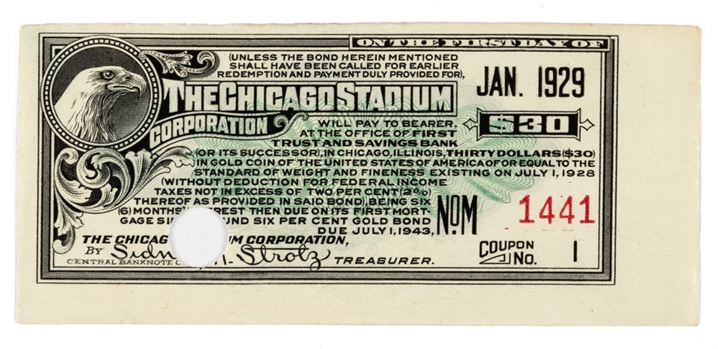 Vintage Chicago Stadium Corporation 1929 Redeemed $30.00 Bond