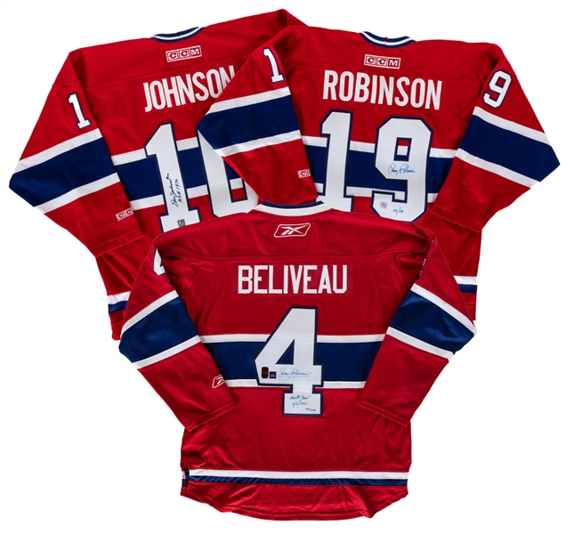 HOFers Jean Beliveau, Larry Robinson and Tom Johnson Signed Montreal Canadiens Jerseys with COAs