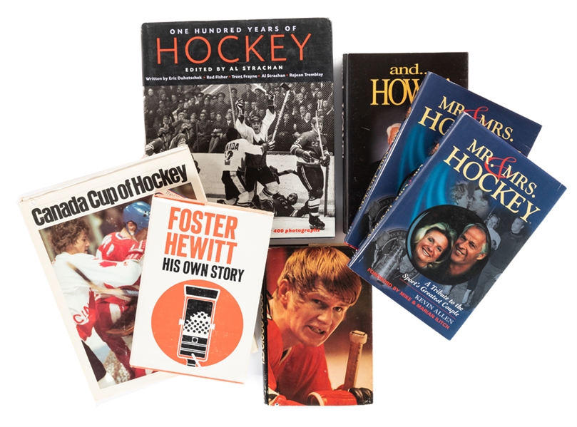 Large 1950s to 2000s Signed and Unsigned Hockey and Other Sports Book Collection of 21 Including Books Signed by Foster Hewitt, Gordie Howe, Phil and Tony Esposito, Johnny Bower and Others 