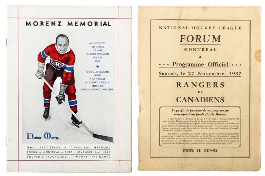 1937 Howie Morenz Memorial Game Program with Scarce November 27th 1937 Canadiens vs Rangers Official Program with Sales of The Program Benefiting the Morenz Memorial Fund