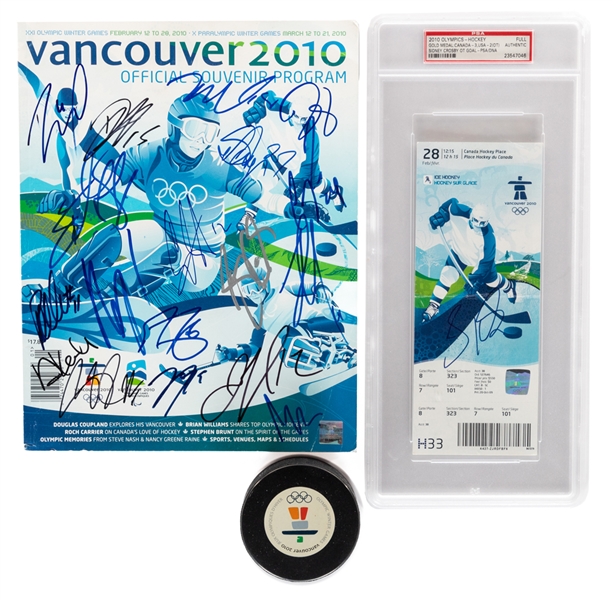 Vancouver 2010 Winter Olympics Gold Medal Game Ticket Signed by Crosby (PSA Authenticated), Game Puck, Crosby Signed Golden Goal Photo, Team Canada Team-Signed Program and More!