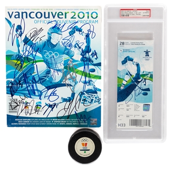 Vancouver 2010 Winter Olympics Gold Medal Game Ticket Signed by Crosby (PSA Authenticated), Game Puck, Crosby Signed Golden Goal Photo, Team Canada Team-Signed Program and More!