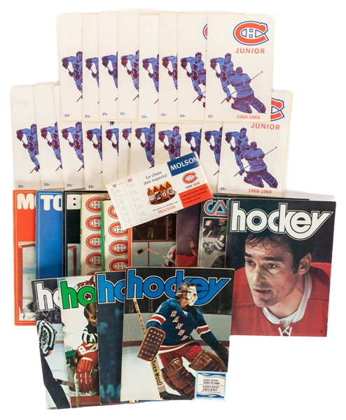 1970s Montreal Canadiens (13) and 1968-69 Montreal Jr Canadiens Programs (21) Plus Vintage 1960s Hockey Magazines (27)