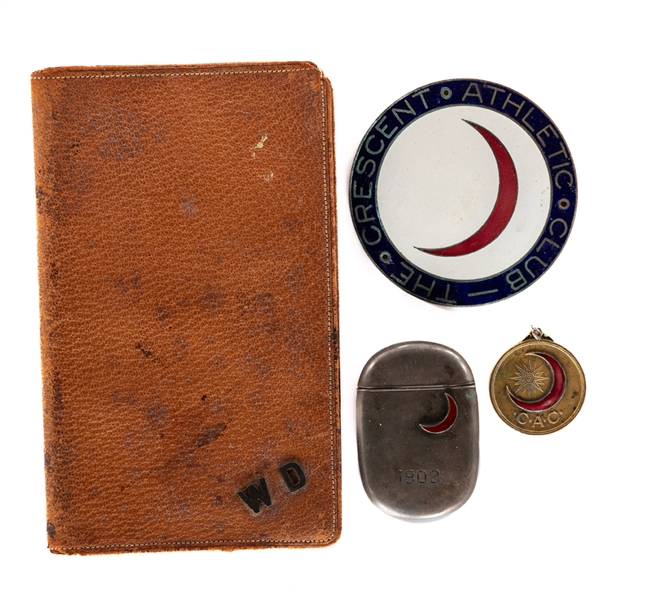 William Dobbys Brooklyn Crescents (1897-1913) Collection including Crescents 1902 Monogrammed Match Safe, Team Emblem and Medallion Plus 1909 Princeton Hockey Team Wallet 