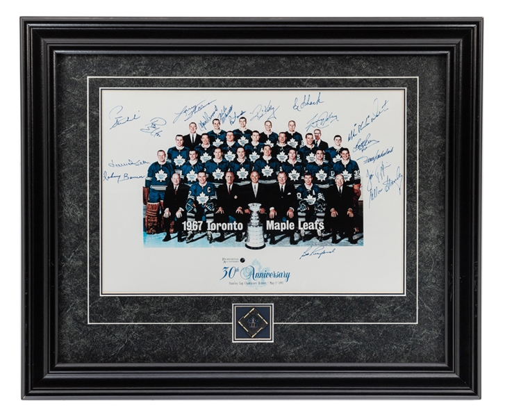 Toronto Maple Leafs 1967 Stanley Cup Champions "30th Anniversary Dinner" Team-Signed Framed Display Signed by 17 Including Deceased HOFers Bower, Pronovost, Stanley and Kelly (20" x 24")