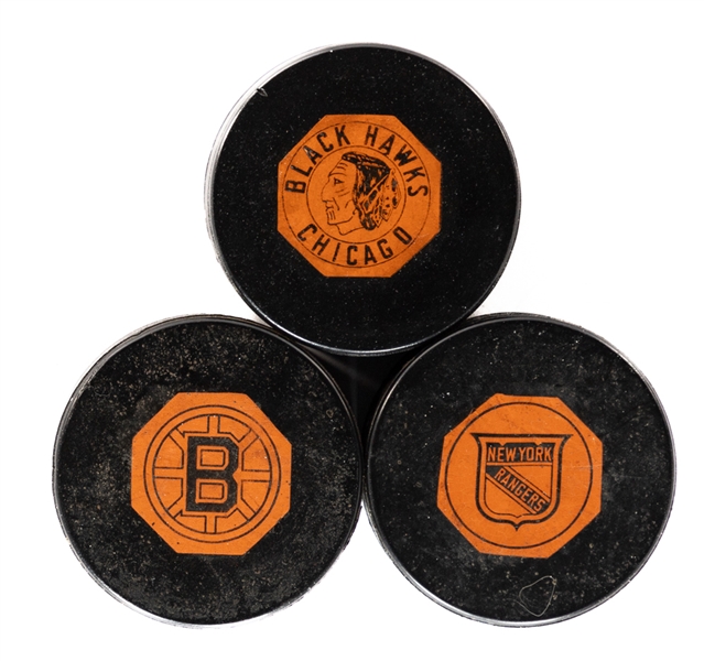 Chicago Black Hawks, New York Rangers and Boston Bruins 1958-62 “Original Six” Art Ross NHL Game Pucks - First Team Logo Pucks!