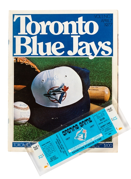 Toronto Blue Jays April 7th 1977 Inaugural Game Program Plus Inaugural Game Full Ticket in Lucite