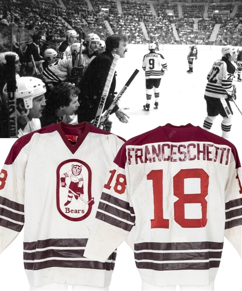 Lou Franceschettis Early-1980s AHL Hershey Bears Game-Worn Jersey with His Signed LOA - Nice Game Wear! - Team Repairs! - Attributed to 1979-80 Championship Season!