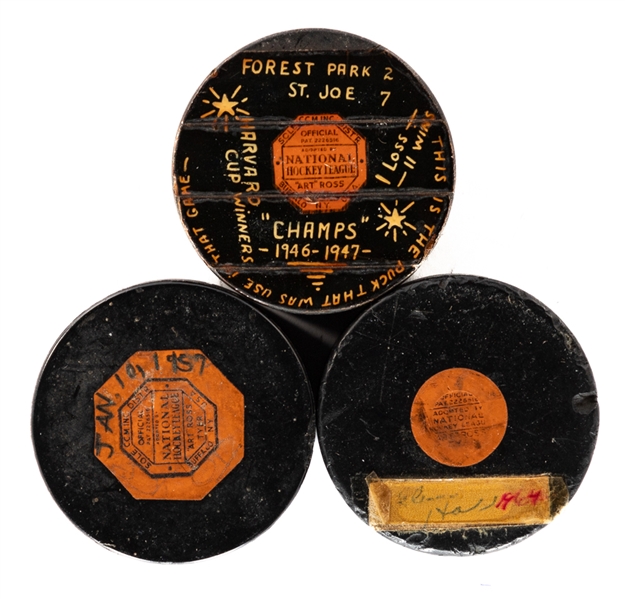 1942-50 (Harvard Cup), 1950-58 (Jan 10, 1957) and 1955-63 Art Ross Tyer "Original Six" Goal Pucks 