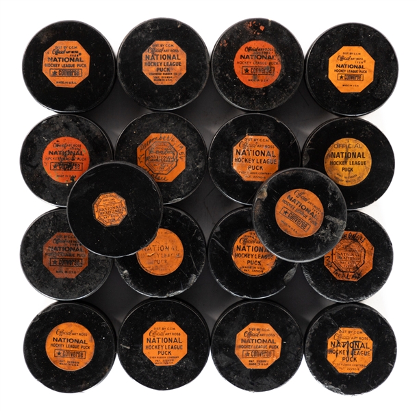 Vintage 1940s to 1960s Art Ross / Converse NHL Puck Collection of 18 Including 1942-50 Art Ross Tyer Game Puck 