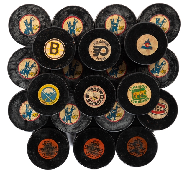 1969-77 Art Ross / Converse Screened Logo (15), 1974-75 Art Ross / Converse Professional Reverse WHA (4), 1973-83 Viceroy Rubber Shield Reverse (1) and Others Puck Collection of 33