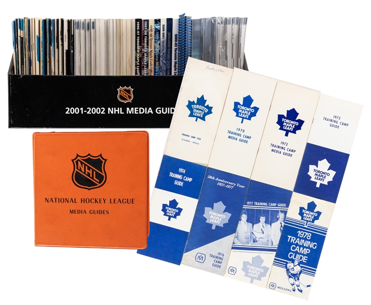 1973-74 NHL Media Guide Complete Set in Original Binder (15) Plus 1962-63 to 2013-14 Toronto Maple Leafs Media Guide (47) and Training Camp Brochure (8) Collection of 55 