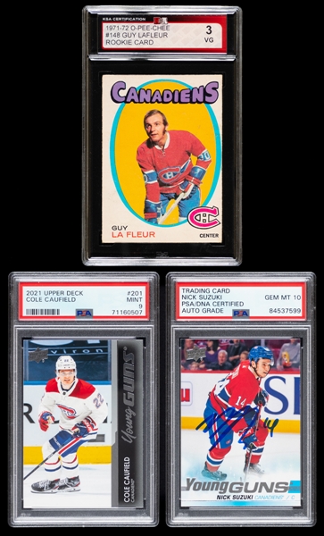 Montreal Canadiens Memorabilia Collection of 7 Including Guy Lafleur Rookie Card Graded KSA 3 and Cole Caufield Rookie Card Graded PSA MINT 9