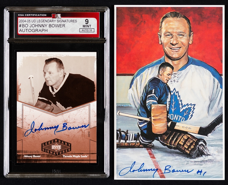 Johnny Bower Toronto Maple Leafs Memorabilia Collection of 3 Including Signed 1993 Doug West "Legends of Hockey" Postcard with COA and 2004-05 UD Legendary Signatures Hockey Card Graded KSA 9