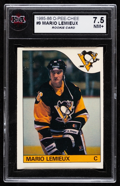 1985-86 O-Pee-Chee Hockey Card #9 HOFer Mario Lemieux Rookie - Graded KSA 7.5