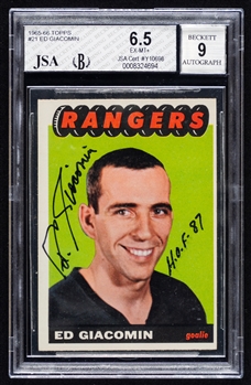 1965-66 Topps Signed Hockey Card #21 HOFer Ed Giacomin Rookie (Card Graded Beckett EX-MT+ 6.5) (JSA/Beckett Certified Authentic Autograph - Autograph Graded 9)