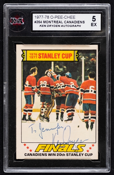 HOFer Ken Dryden Signed 1977-78 O-Pee-Chee Hockey Card #264 Canadiens Win 20th Stanley Cup - Card Graded KSA 5