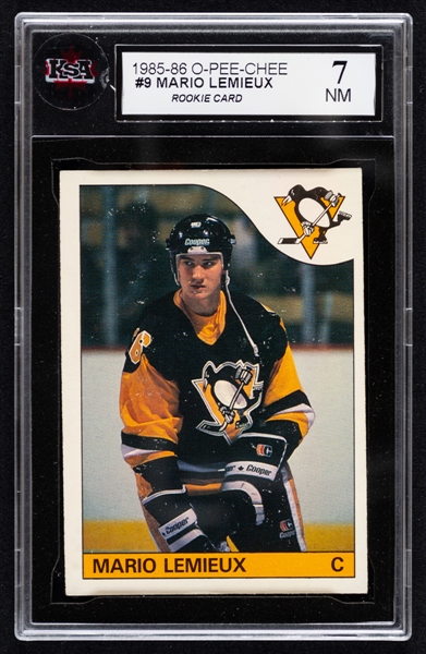 1985-86 O-Pee-Chee Hockey Card #9 HOFer Mario Lemieux Rookie - Graded KSA 7