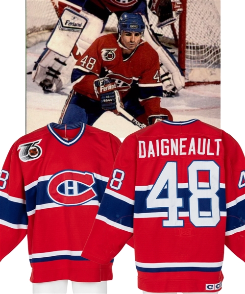 J.J. Daigneaults 1991-92 Montreal Canadiens Game-Worn Jersey - Team Repairs! - 75th Anniversary Patch!