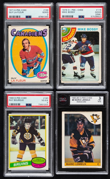 1971 to 1985 O-Pee-Chee Graded Hockey Card Collection of 4 Including Rookie Cards of HOFers Guy Lafleur, Mike Bossy, Ray Bourque and Mario Lemieux