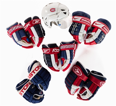 Montreal Canadiens Mid-to-Late-2000s Game-Used and Issued Gloves Collection of 5 Including Andrei Markovs 2009 NHL All-Star Game-Issued Gloves Plus Patrice Brisebois 2008-09 Game-Worn Helmet