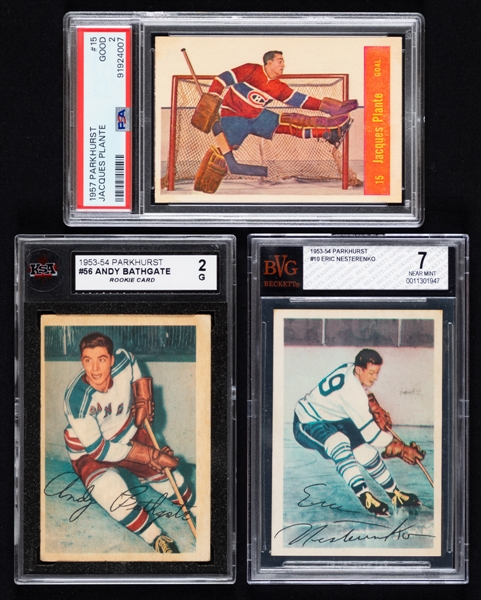 1953-54 to 1962-63 Parkhurst Graded Hockey Card Collection of 15 Including HOFers Plante, Bathgate, Geoffrion, Harvey and Moore