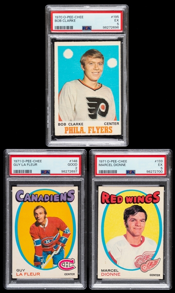 1970-71 and 1971-72 O-Pee-Chee Hockey PSA-Graded Rookie Cards (3) of HOFers Bobby Clarke, Marcel Dionne and Guy Lafleur