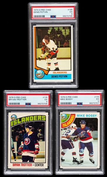 1974-75 to 1978-79 O-Pee-Chee/Topps Hockey PSA-Graded Rookie Cards (5) of HOFers Denis Potvin, Bryan Trottier and Mike Bossy