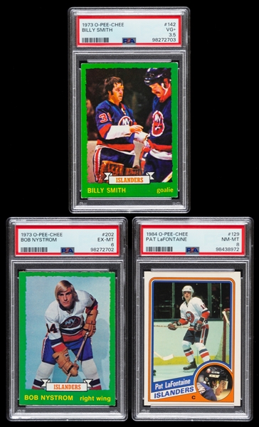 1973-74 to 1984-85 O-Pee-Chee Hockey PSA-Graded Rookie Cards of HOFers Billy Smith and Pat LaFontaine Plus Bob Nystrom