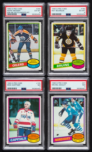 1980-81 O-Pee-Chee Hockey PSA-Graded Rookie Cards (4) of HOFers Mark Messier, Ray Bourque, Mike Gartner and Michel Goulet