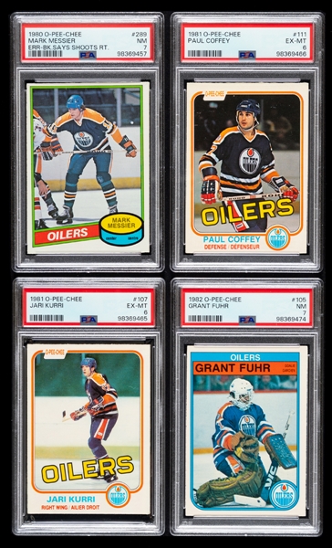 1980-81 to 1982-83 O-Pee-Chee Hockey PSA-Graded Rookie Cards (6) of HOFers Mark Messier, Paul Coffey, Jari Kurri, Kevin Lowe and Grant Fuhr Plus Andy Moog