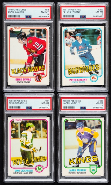 1981-82 O-Pee-Chee Hockey PSA-Graded Rookie Cards (4) of HOFers Denis Savard, Peter Stastny, Dino Ciccarelli and Larry Murphy