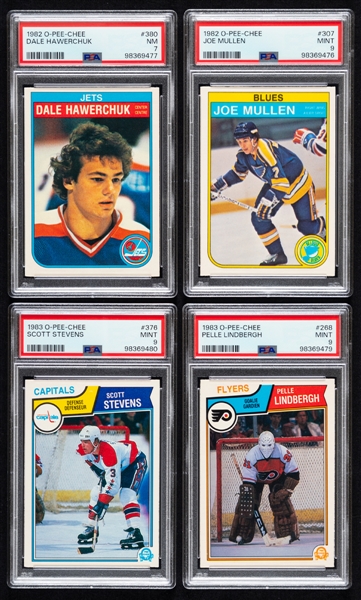 1982-83 and 1983-84 O-Pee-Chee Hockey PSA-Graded Rookie Cards (4) of HOFers Dale Hawerchuk, Joe Mullen and Scott Stevens Plus Pelle Lindbergh