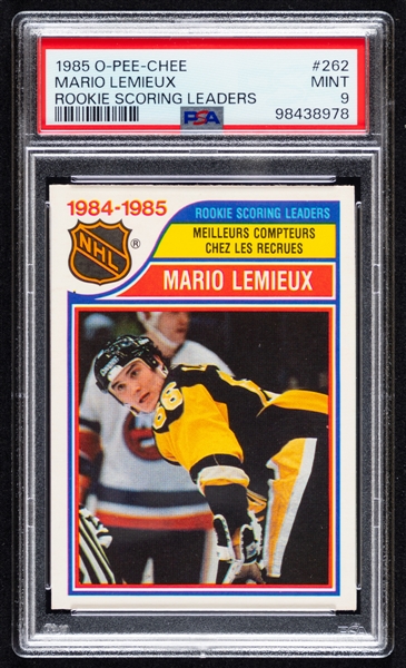 1985-86 O-Pee-Chee Hockey Card #262 HOFer Mario Lemieux Rookie Scoring Leaders - Graded PSA 9