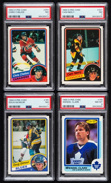 1984-85 to 1986-87 O-Pee-Chee Hockey PSA-Graded Rookie Cards (4) of HOFers Chelios, Neely, Gilmour and MacInnis Plus RCs of Wendel Clark and Vanbiesbrouck and 1985-86 Lemieux Rookie Scoring Leaders