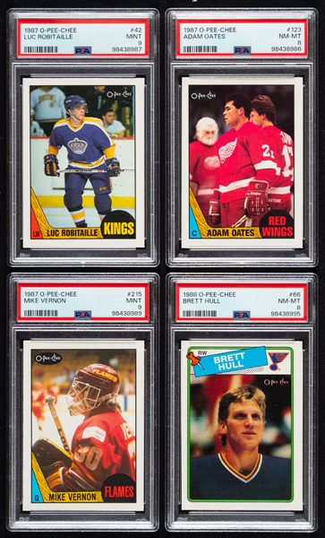 1987-88 and 1988-89 O-Pee-Chee Hockey PSA-Graded Rookie Cards (6) of HOFers Robitaille, Oates, Vernon, Turgeon, Hull and Shanahan Plus RCs of Randford and Hextall